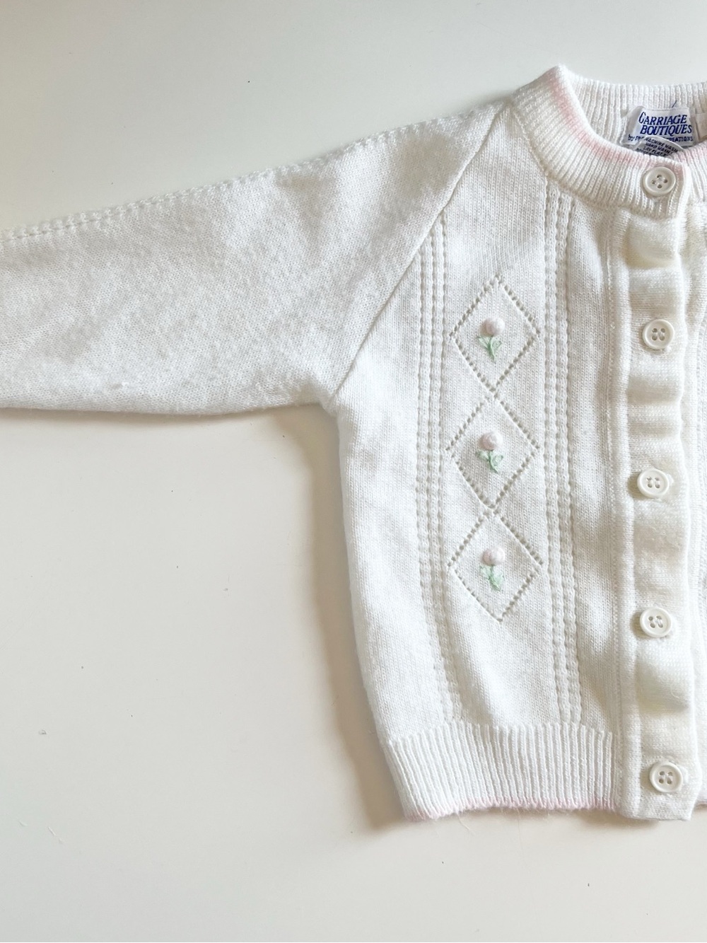 Vintage Carriage Boutiques Knit Rosebud White Cardigan Sweater